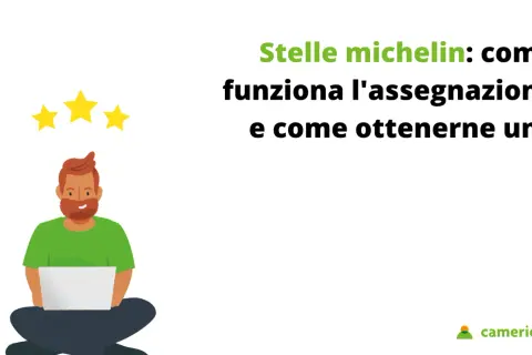 Uomo con laptop e tre stelle Michelin, per capire come ottenere una stella per il tuo ristorante.