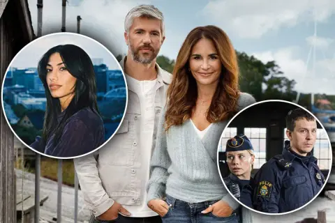 Här är en bild med skådespelare från svenska serier. En kvinna i cirkel, ett par i mitten och två poliser i en annan cirkel.