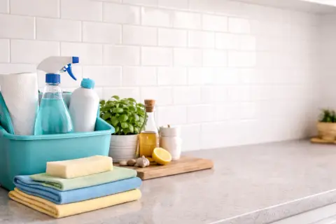 Todo listo para limpiar azulejos del baño: productos, esponjas y paños de microfibra.