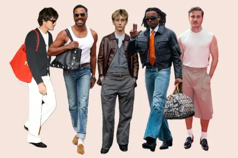 Fünf Männer präsentieren unterschiedliche **clothing styles**: von lässig mit Jeans und Cardigan bis schick mit Lederjacke und Krawatte.