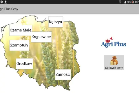 Mapa Polski z zaznaczonymi lokalizacjami i logo Agri Plus. Sprawdź agri plus cennik dla Kętrzyna, Czarnego Małego, Krąplewic, Szamotuł, Grodkowa i Zamościa.