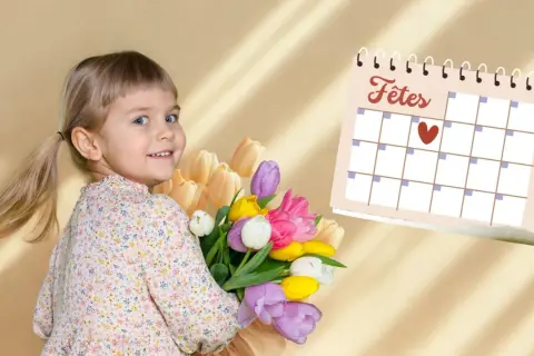 Une petite fille souriante tient un bouquet de tulipes colorées. À côté, un calendrier indique "Fêtes", peut-être pour célébrer son prénom ou une fête nationale.