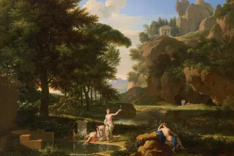 A classical landscape painting depicts figures by a stream, with one gazing into the water, perhaps inspired by the myth of Narcissus.