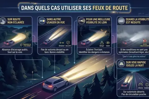 Guide sur l'utilisation des feux de route : sur route non éclairée, sans autre usager, pour meilleure visibilité, quand la visibilité est réduite, et sur voie rapide isolée la nuit.