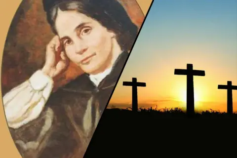 Wanda Malczewska, wizjonerka, której przepowiednie dla Polski niosą nadzieję i ostrzeżenie. Trzy krzyże na tle zachodzącego słońca symbolizują trudną drogę narodu.