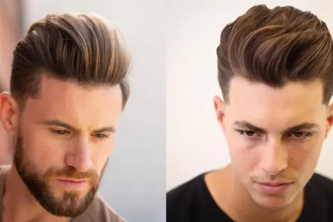 Dwóch mężczyzn z modną fryzurą quiff. Jeden z nich ma zarost, drugi gładką skórę.