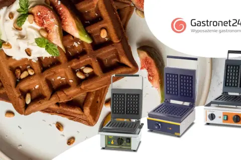 Pyszne gofry z kremem i figami, obok trzy gofrownice. Idealne ciasto na gofry dla Twojej gastronomii.