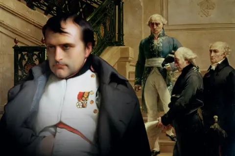 Napoleon Bonaparte, med sina utmärkelser, står framför en trappa där andra män i historiska kläder samlas. Här finns fakta om Napoleon.