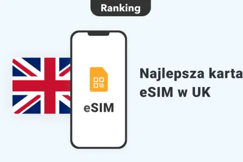 Ranking najlepszej karty eSIM w UK. Flaga Wielkiej Brytanii obok telefonu z ikoną eSIM.