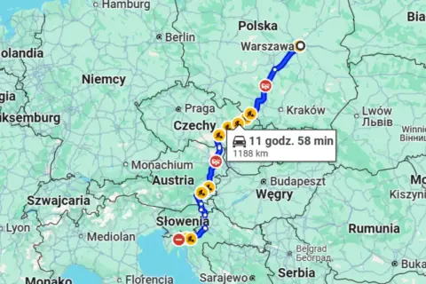 Trasa z Warszawy przez Czechy, Austrię i Słowenię do Włoch. Podróż trwa 11 godz. 58 min, dystans 1188 km.