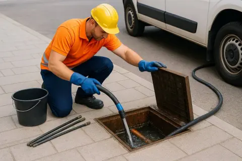 Técnico con casco amarillo y guantes azules usa manguera para limpiar arqueta de aguas residuales.