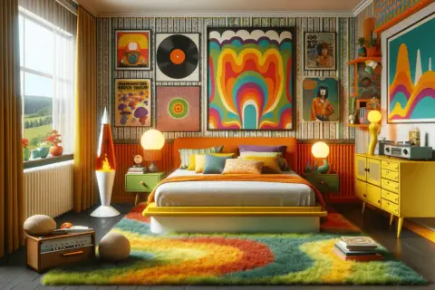 A vibrant bedroom with a strong retro aesthetic, featuring a lava lamp, colorful psychedelic art, and a shag rug.
