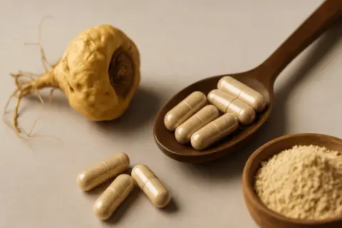 Maca-Wurzel, Kapseln und Pulver. Maca co to jest? Natürliche Energiequelle.
