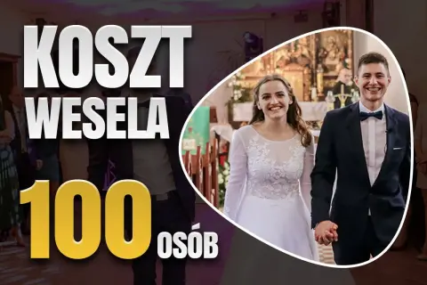 Szacowany koszt wesela na 100 osób. Młoda para trzyma się za ręce, uśmiechnięta.
