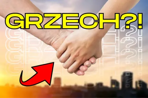 Dwie dłonie splecione, nad nimi napis "GRZECH?!". Czy seks po ślubie to grzech? Czerwona strzałka wskazuje na pytanie.