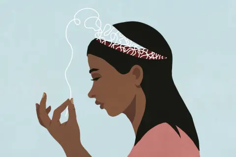 La mente di una donna è aperta, con pensieri aggrovigliati che sembrano la causa per cui penso sempre cose negative.