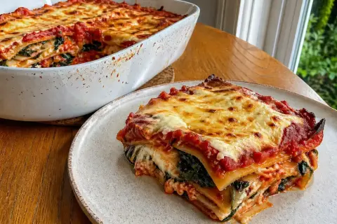 En saftig vegetarisk lasagne med lager av pasta, tomatsås, ost och gröna bladgrönsaker. Perfekt för en mysig middag.