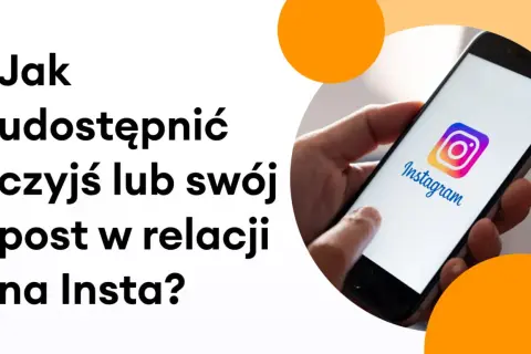 Dowiedz się, jak udostępnić czyjąś relację na swojej relacji na Instagramie. Dłoń trzyma smartfon z logo Instagrama.