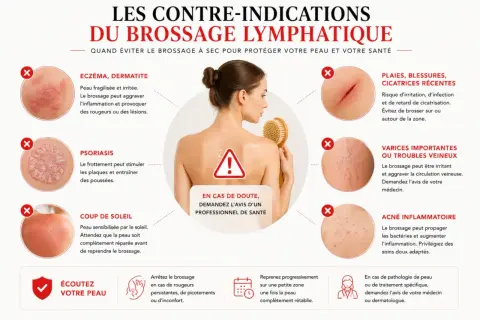 Le brossage à sec peut être dangereux pour certaines affections cutanées comme l'eczéma, le psoriasis, les plaies, les varices ou l'acné.