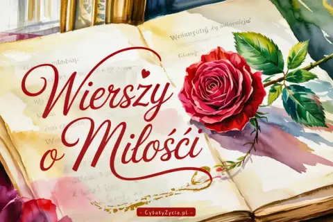 Księga pełna wzruszających krótkich wierszy o miłości, ozdobiona czerwoną różą.