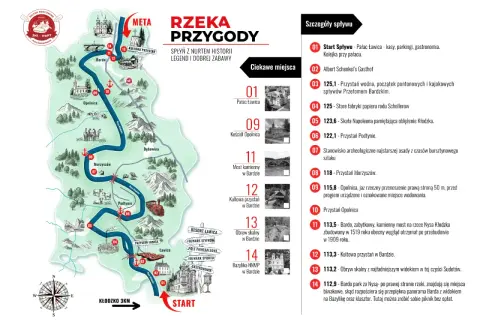 Mapa z trasą spływu pontonowego Nysą Kłodzką. Od startu w Pałacu Ławica, przez ciekawe miejsca i przystanie, aż do mety w Bardzie.