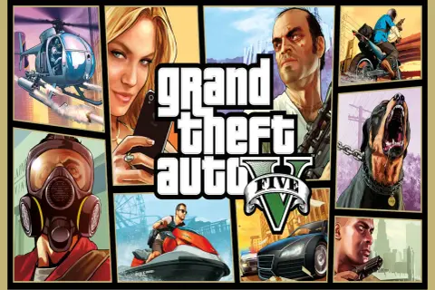 Grafika z gry Grand Theft Auto V: helikopter, kobieta z telefonem, mężczyzna w masce, motocyklista, pies, kierowca i samochód.