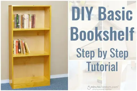 Learn how to build a basic bookshelf with this step-by-step DIY tutorial. The image shows a finished wooden bookshelf with books.