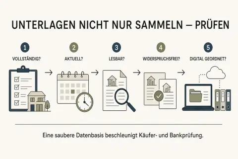 Checkliste für Wohnung verkaufen: Unterlagen prüfen – vollständig, aktuell, lesbar, widerspruchsfrei, digital geordnet.