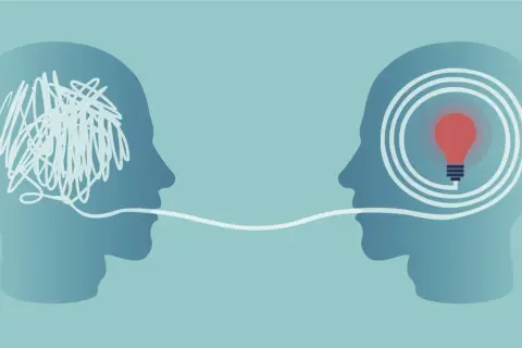 Twee hoofden, één met een wirwar van gedachten, de ander met een gloeiende lamp. Een lijn verbindt ze, symboliseert de uitdagingen van adhd of hoogbegaafdheid.