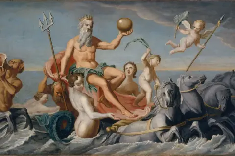 Poseidon gud, havets härskare, drar fram i sin vagn dragen av hästar. Putti svävar i luften.