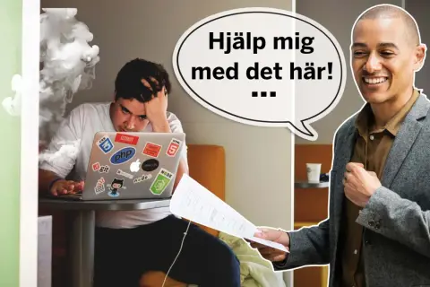 En stressad person med rök runt sig ber om hjälp med en laptop. En glad kollega erbjuder stöd för att må bra på jobbet.