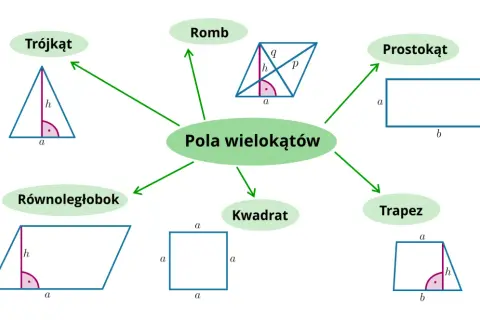 Schematyczne rysunki wielokątów (trójkąt, romb, prostokąt, trapez, kwadrat, równoległobok) z oznaczeniami boków i wysokości.