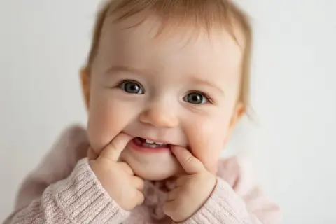 Bebé sonriente estirando sus mejillas, mostrando sus primeros dientes. A pesar de la posible molestia del dolor dientes bebe, su expresión es juguetona.