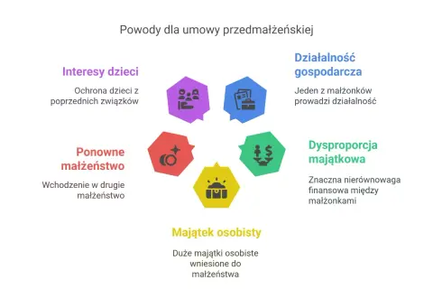 Diagram przedstawia powody zawarcia intercyzy: interesy dzieci, ponowne małżeństwo, majątek osobisty, działalność gospodarczą i dysproporcję majątkową.