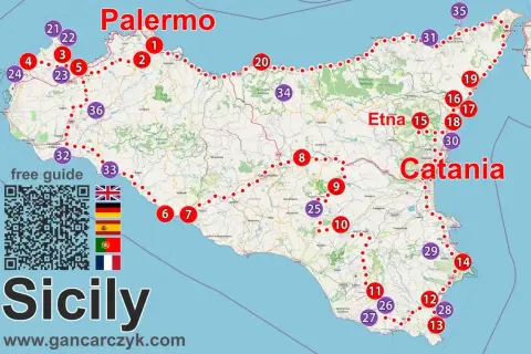 Mapa Sycylii z zaznaczonymi punktami, idealna jako przewodnik po wyspie. Obejmuje Palermo, Katanie, Etnę i wiele innych atrakcji.