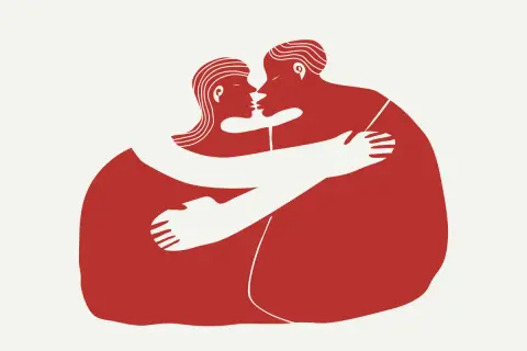 Dwie postacie w czerwieni obejmują się czule. Ilustracja podkreśla potrzebę przytulania u dorosłych, symbolizując bliskość i wsparcie.