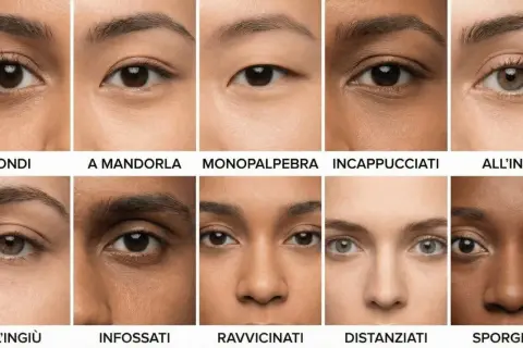 Dieci primi piani di occhi diversi, che mostrano vari tipi di occhi: tondi, a mandorla, monopalpebra, incappucciati, all'insù, infossati, ravvicinati, distanziati, sporgenti.