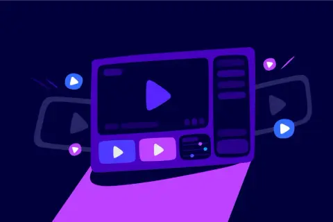 A stylized video player interface with play buttons, suggesting streaming content like on Twitch RTMP.