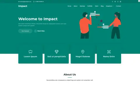 A simple one page website template with a "Welcome to Impact" header, navigation, and feature cards.