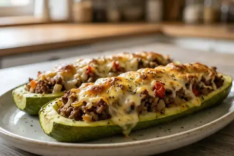 Deux courgettes farcies au bœuf et au fromage gratiné, prêtes à être dégustées. Un plat savoureux et réconfortant.