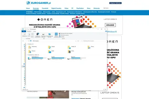 Zrzut ekranu Windows 10 z otwartym folderem "Ten komputer" i stroną Eurogamer.pl promującą laptopy OMEN.