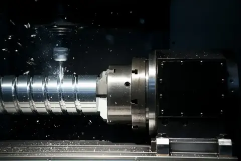 Precyzyjne toczenie gwintów na metalowym wałku w maszynie CNC. Wióry metalu unoszą się w powietrzu.