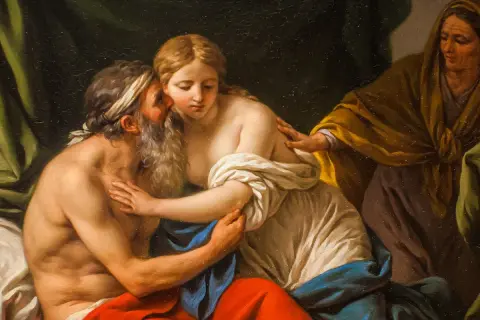 Biblia o kobietach cytaty: starzec całuje młodą kobietę, starsza kobieta patrzy z boku.