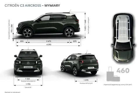 Citroën C3 Aircross wymiary: długość 4395 mm, szerokość 1795 mm, wysokość 1633-1660 mm. Bagażnik 460 dm³.
