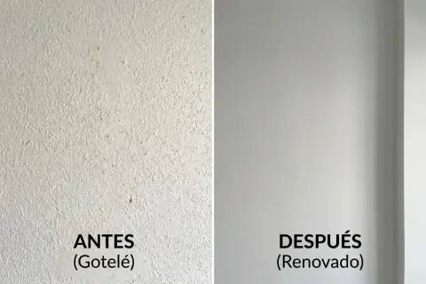 Pared con gotelé antes y después de renovar. Se puede hacer gotelé con esponja para un acabado liso.