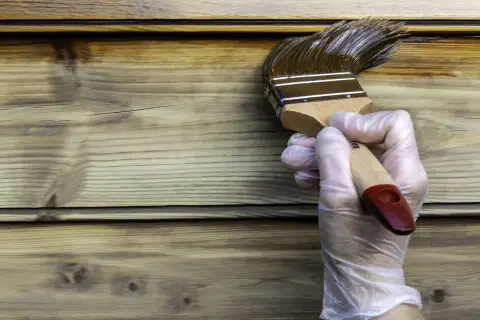 Application d'une lasure transparente sur des planches de bois. La main gantée tient un pinceau imbibé du produit.