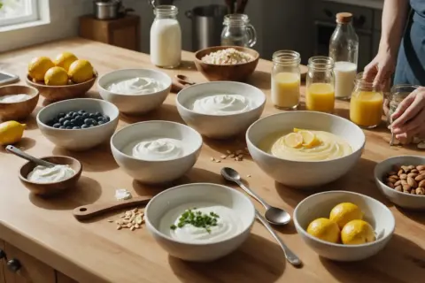 Plusieurs bols de yaourt crémeux, des citrons, des myrtilles et des amandes sont disposés sur une table en bois. Un équivalent de lait ribot, crémeux et acidulé, est prêt à être dégusté.