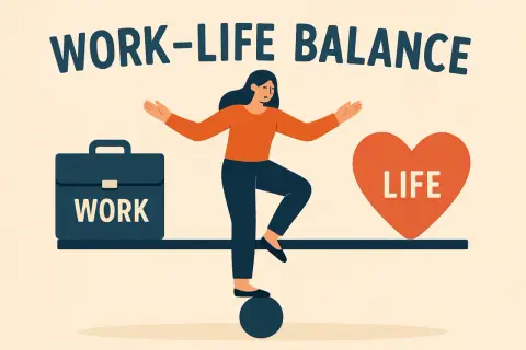 Kobieta balansuje na kuli, symbolizując trudności w osiągnięciu work-life balance. Po jednej stronie walizka "WORK", po drugiej serce "LIFE".