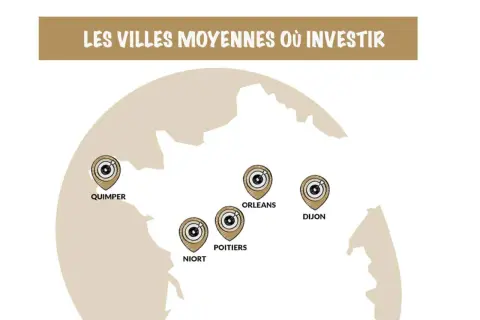 Carte de France montrant des villes moyennes où investir : Quimper, Niort, Poitiers, Orléans, Dijon.