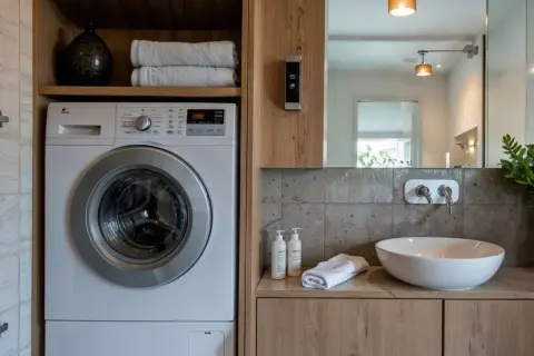 Lavaderos ideas: lavadora blanca junto a lavabo moderno con grifería empotrada y detalles en madera.